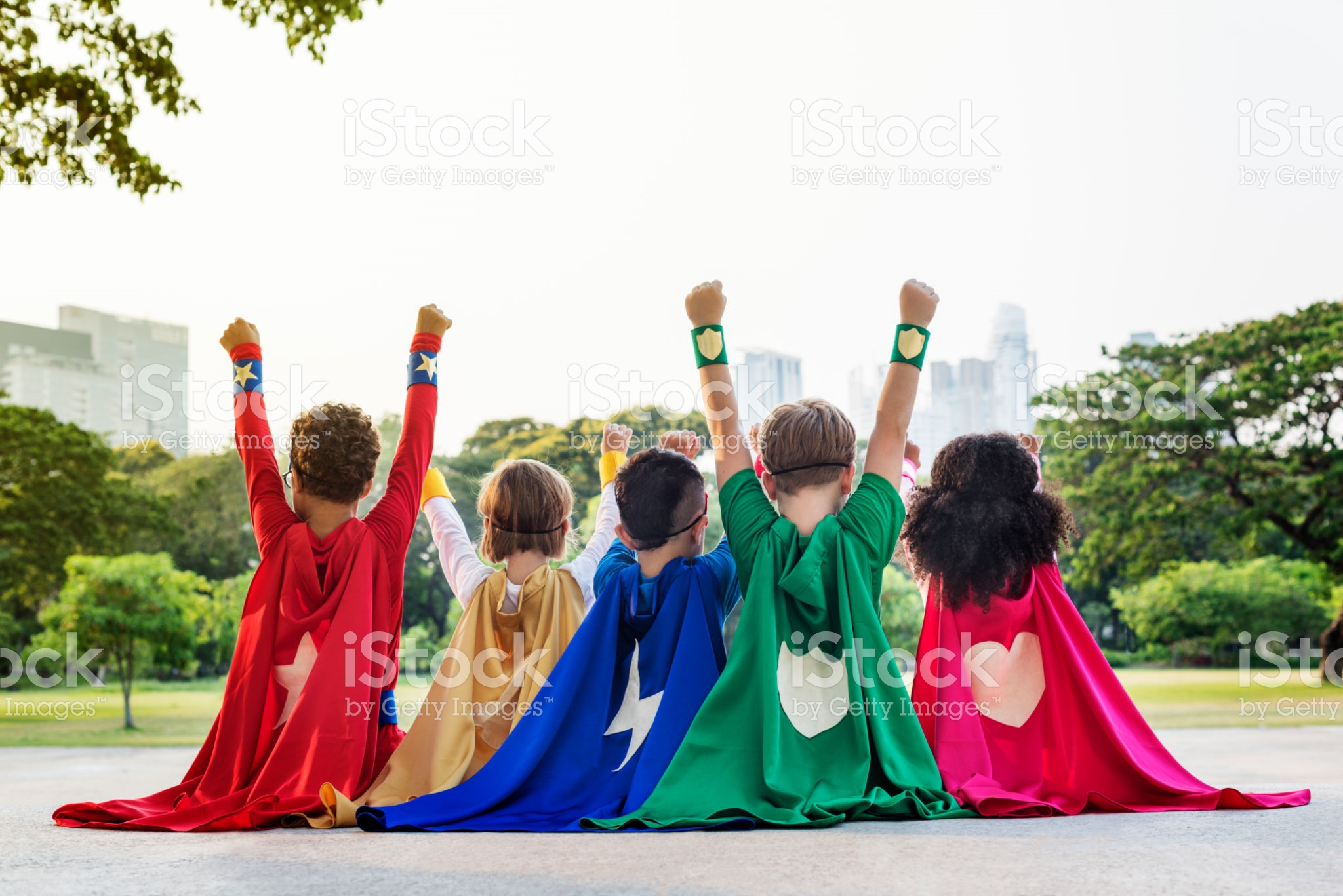 Superheroes Cheerful Kids Expressing Positivity Concept